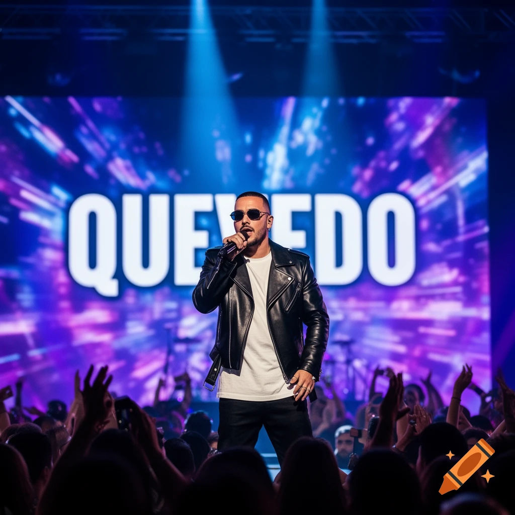Singer Quevedo performs on stage with a microphone, backed by a large screen showing his name and a cheering crowd.