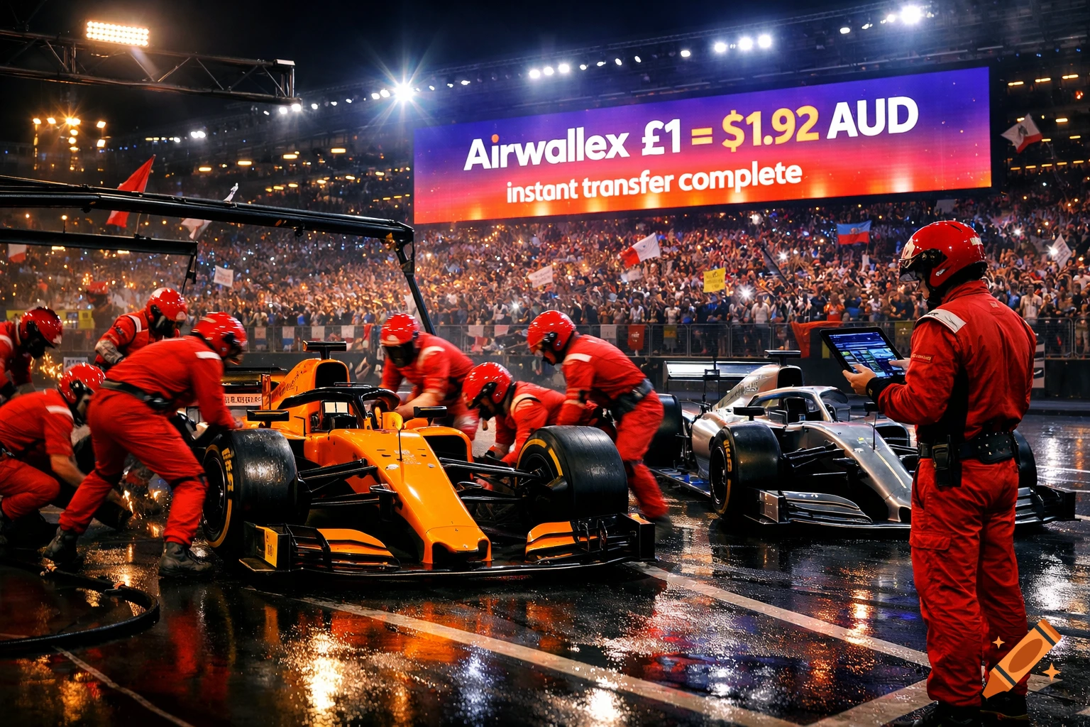 Photorealistic night F1 pit stop. Red-clad crew changes tires on an orange car on wet asphalt in a stadium. Screen shows 'Airwallex'.