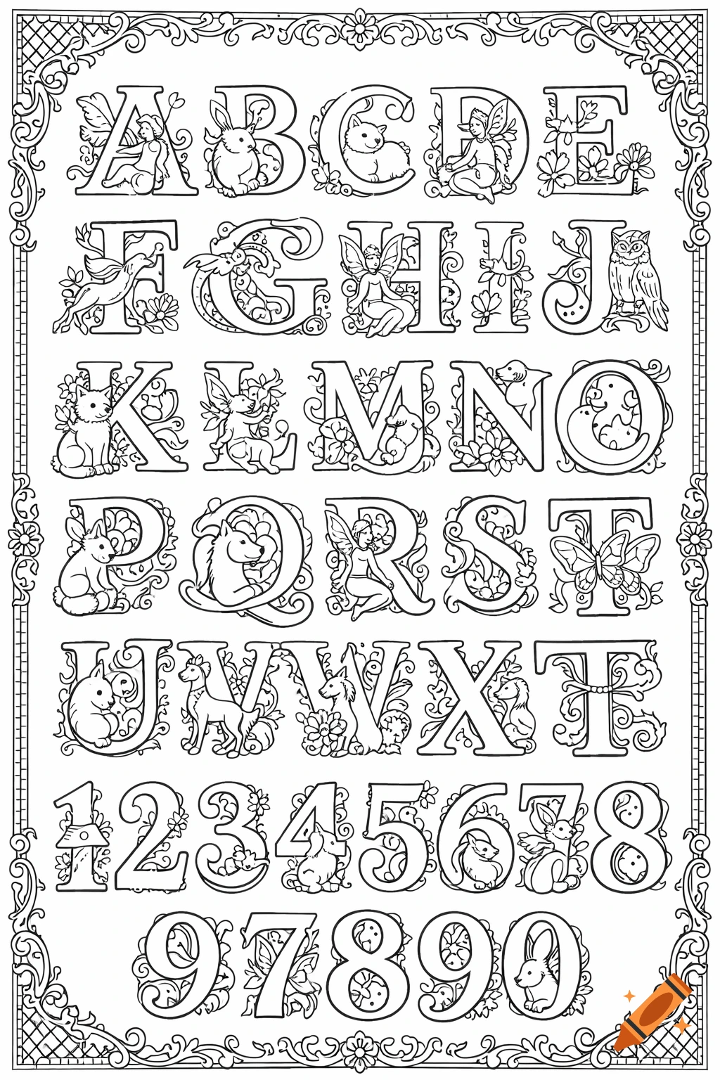 A detailed coloring page featuring a decorative alphabet from A to Z and numbers from 0 to 9, each adorned with small animals and fairies, within an ornate frame.