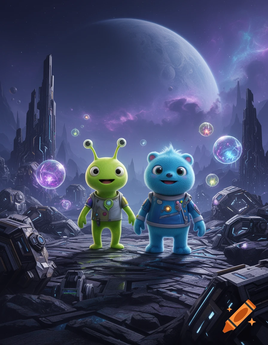 A green alien and blue fuzzy creature on a futuristic planet with tall structures, glowing orbs, and a large planet in a purple sky.