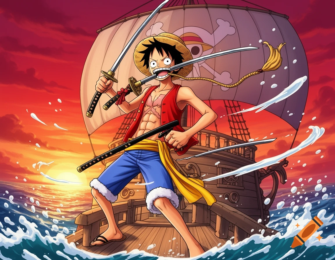 Anime style depiction of Monkey D. Luffy from One Piece, wielding three swords on a pirate ship at sunset, with choppy seas.