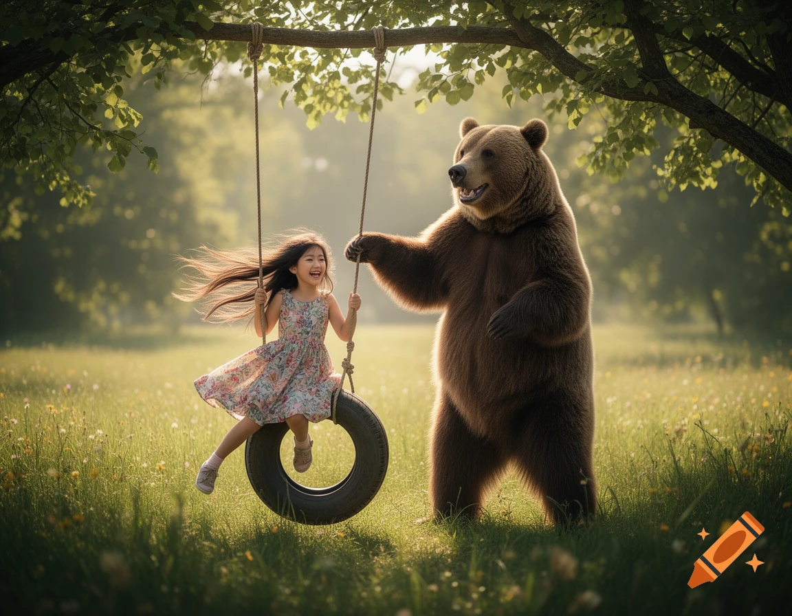 A young girl with long hair joyfully swings on a tire swing while a large brown bear stands beside her in a sunny, grassy field under a tree.