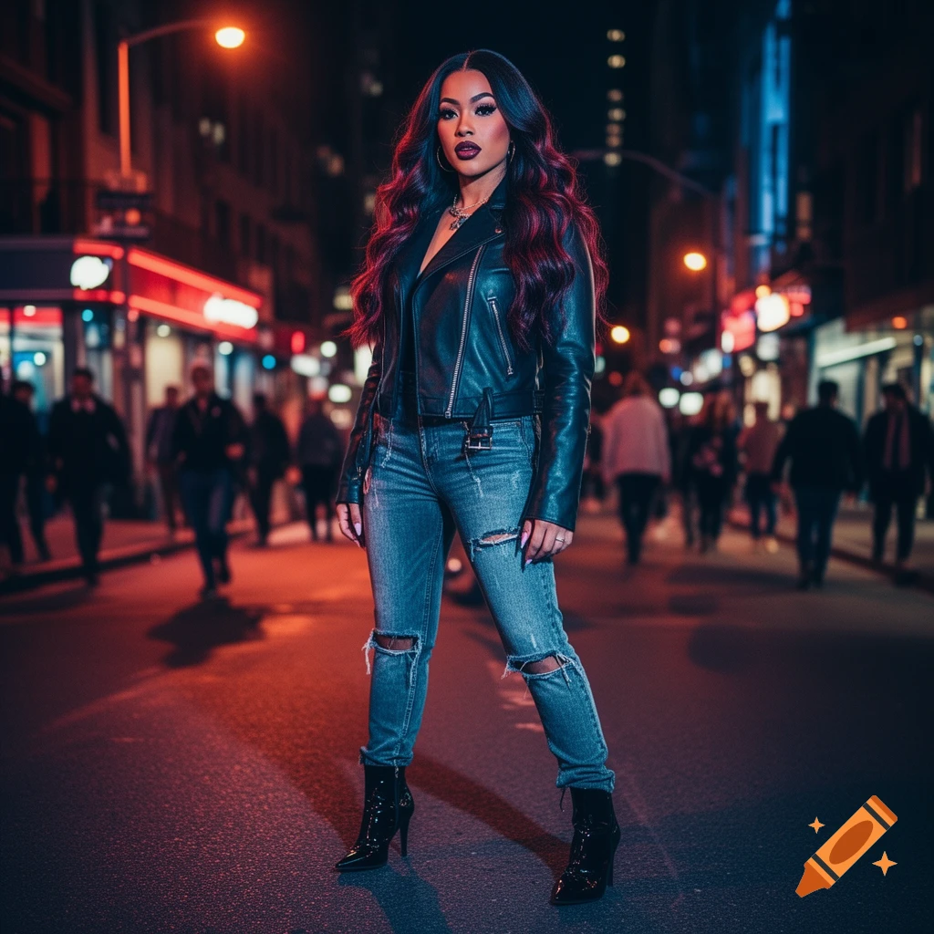 A woman in a black leather jacket and ripped jeans poses on a city ...