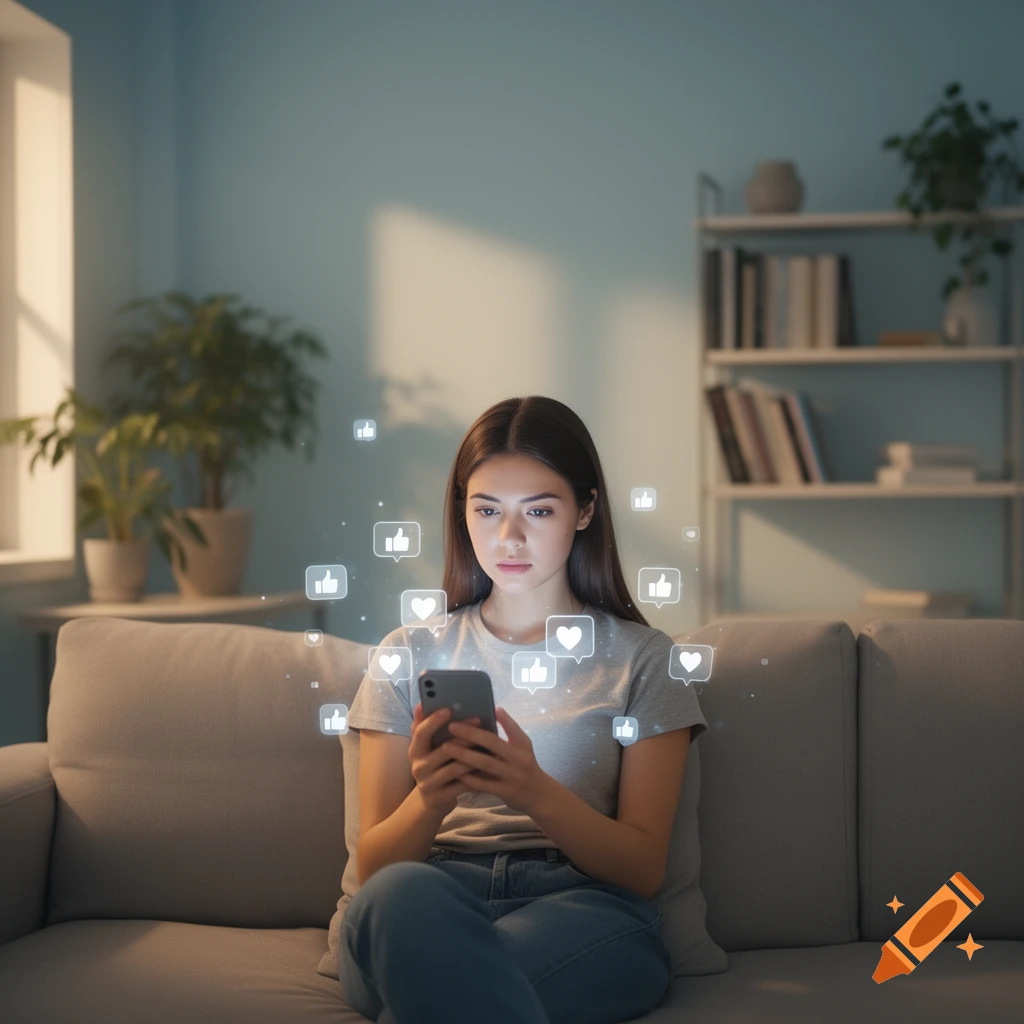 A young woman sits on a couch, looking at her phone, surrounded by floating social media like and heart icons.