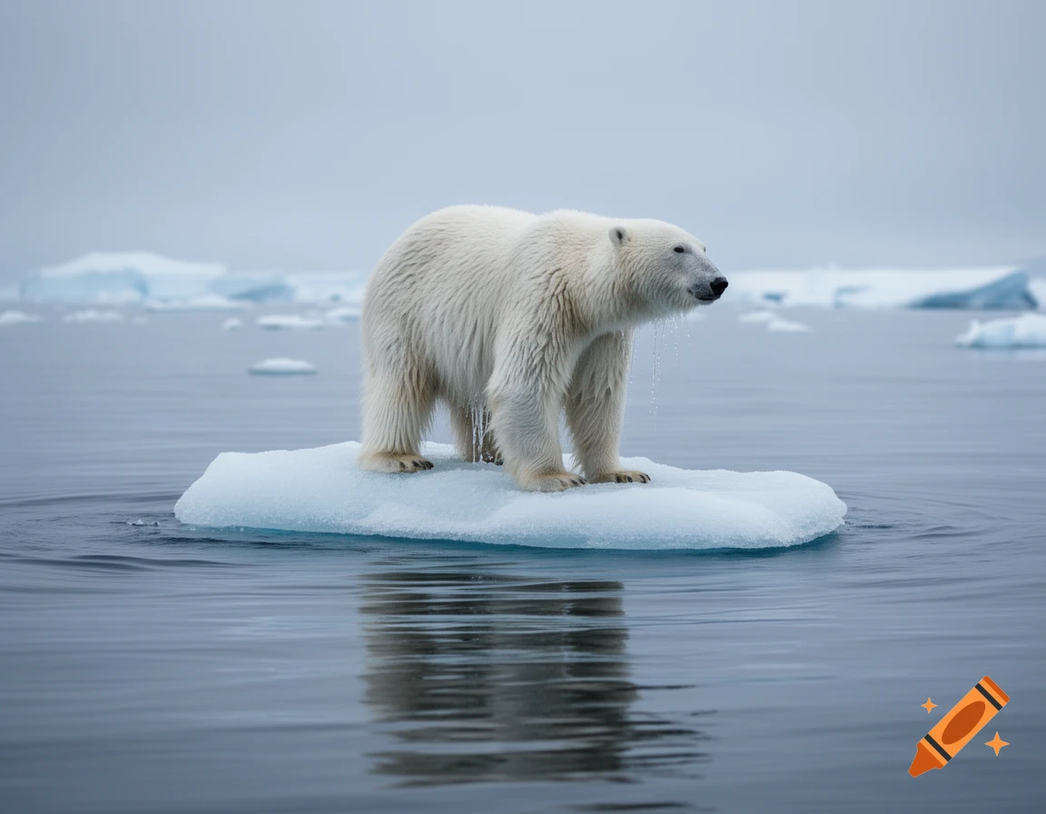 A photorealistic polar bear stands on a small piece of ice in the ...