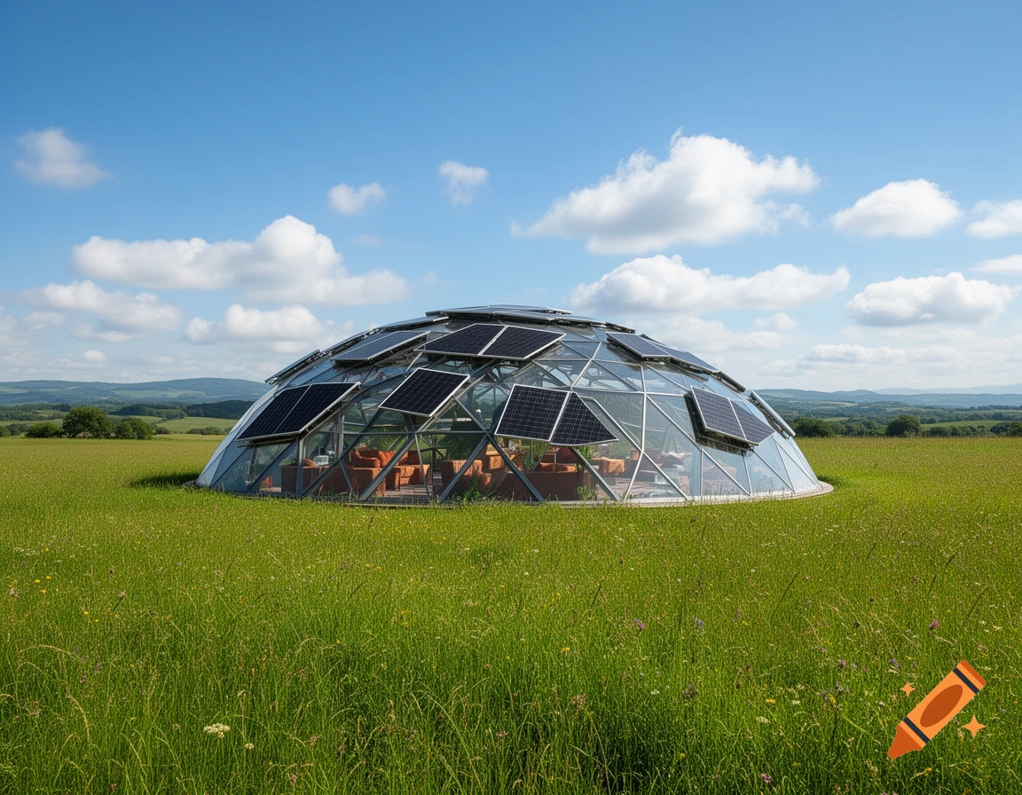 A futuristic glass dome building with solar panels set in a vibrant green meadow under a bright blue sky with white clouds, photorealistic.
