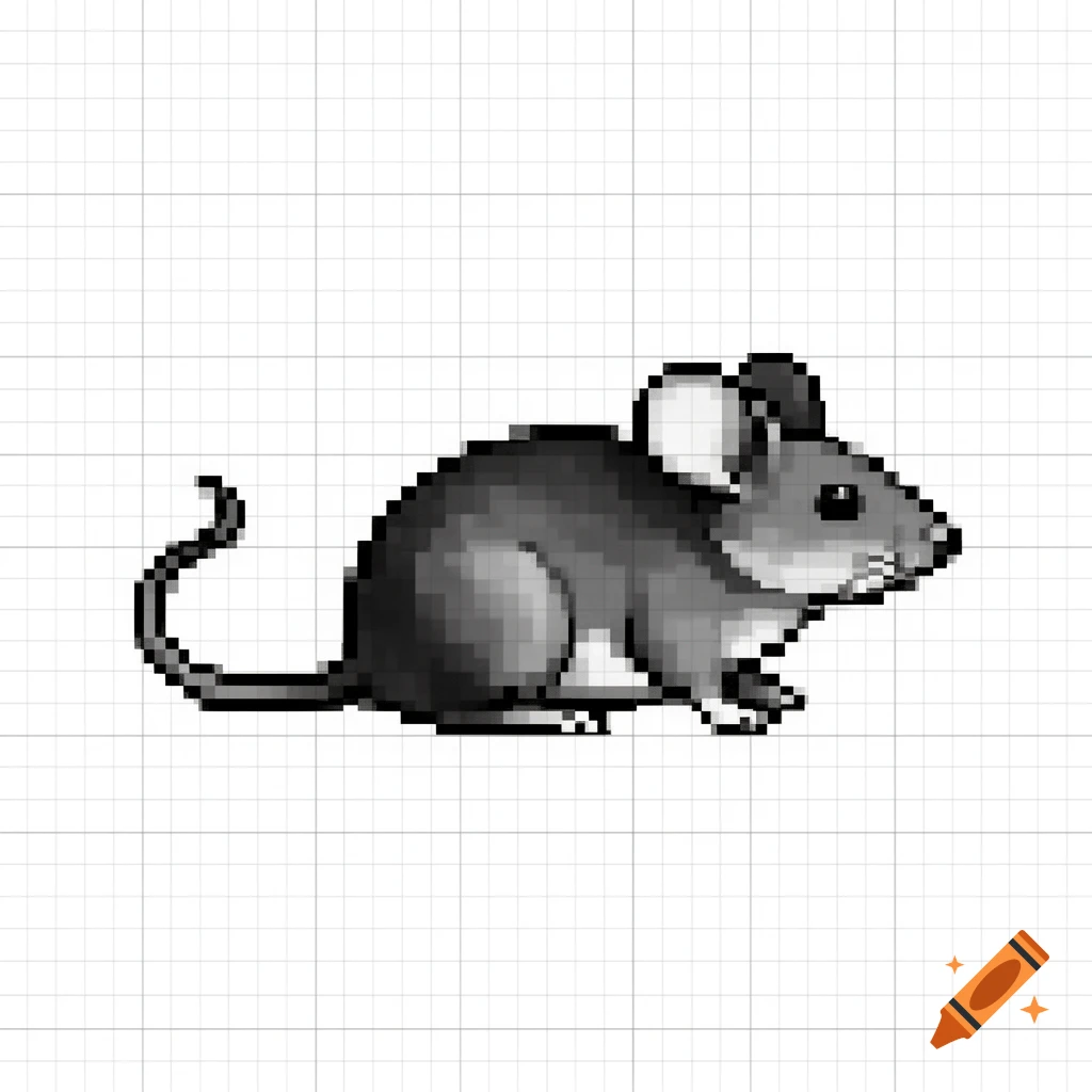 Grayscale pixel art of a mouse in profile, standing on a grid background.