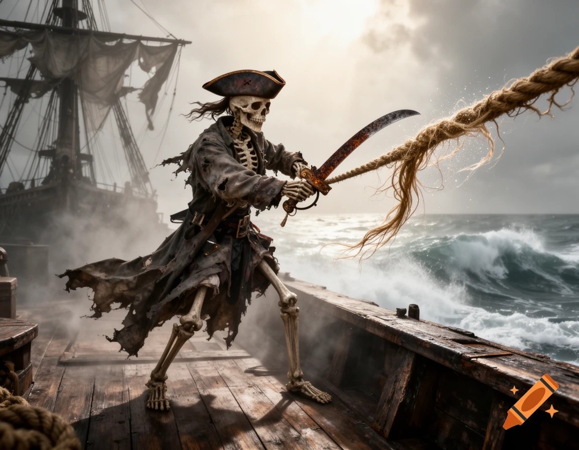 A skeletal pirate in a tattered coat and tricorne hat wields a rusty cutlass, seemingly cutting a thick rope on a ship's deck amidst a stormy sea.