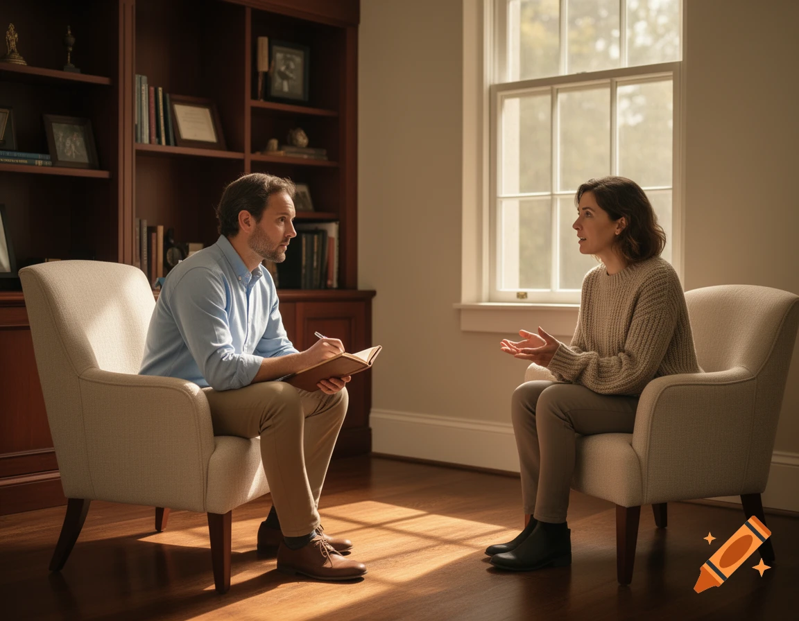 A man, possibly a therapist, takes notes while a woman, his patient, speaks and gestures in a warm, naturally lit office.