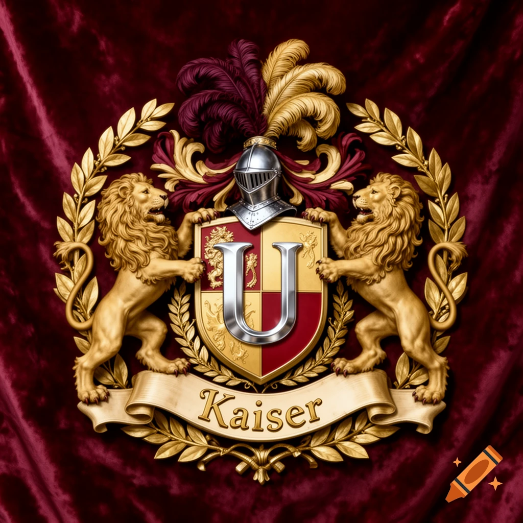 Ornate golden and red family crest with two lions supporting a shield displaying a silver 'U' and a banner reading 'Kaiser' on red velvet.