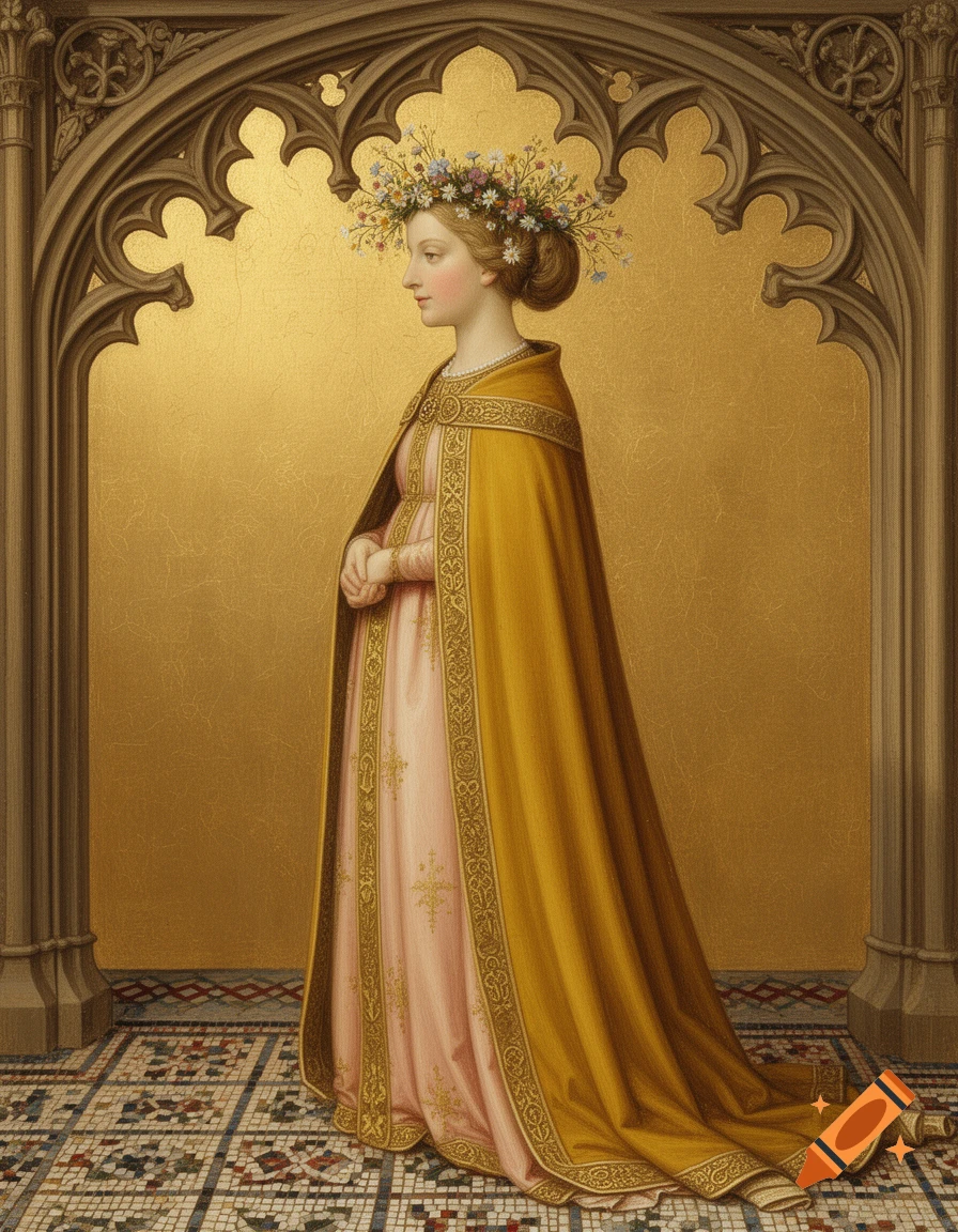 Gothic painting of a woman in profile, wearing a mustard cape, pale pink dress, and wildflower crown, framed by a golden arch.