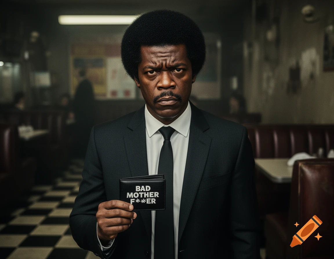 A man resembling Samuel L. Jackson in a black suit with an afro, holding a wallet that reads 'BAD MOTHER F***ER' in a diner, photorealistic.
