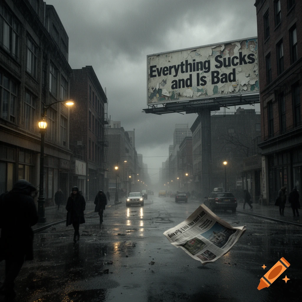 A moody, rainy city street at dusk with pedestrians, cars, and a large billboard reading 'Everything Sucks and Is Bad'.