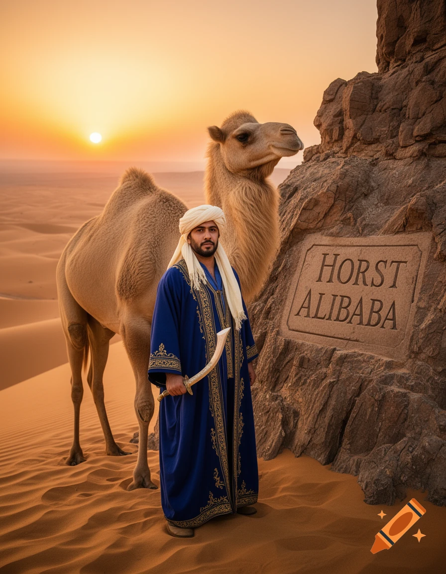 Man in blue robe and white turban with a sword, standing next to a camel in a desert at sunset, with 'HORST ALIBABA' carved into a rock.