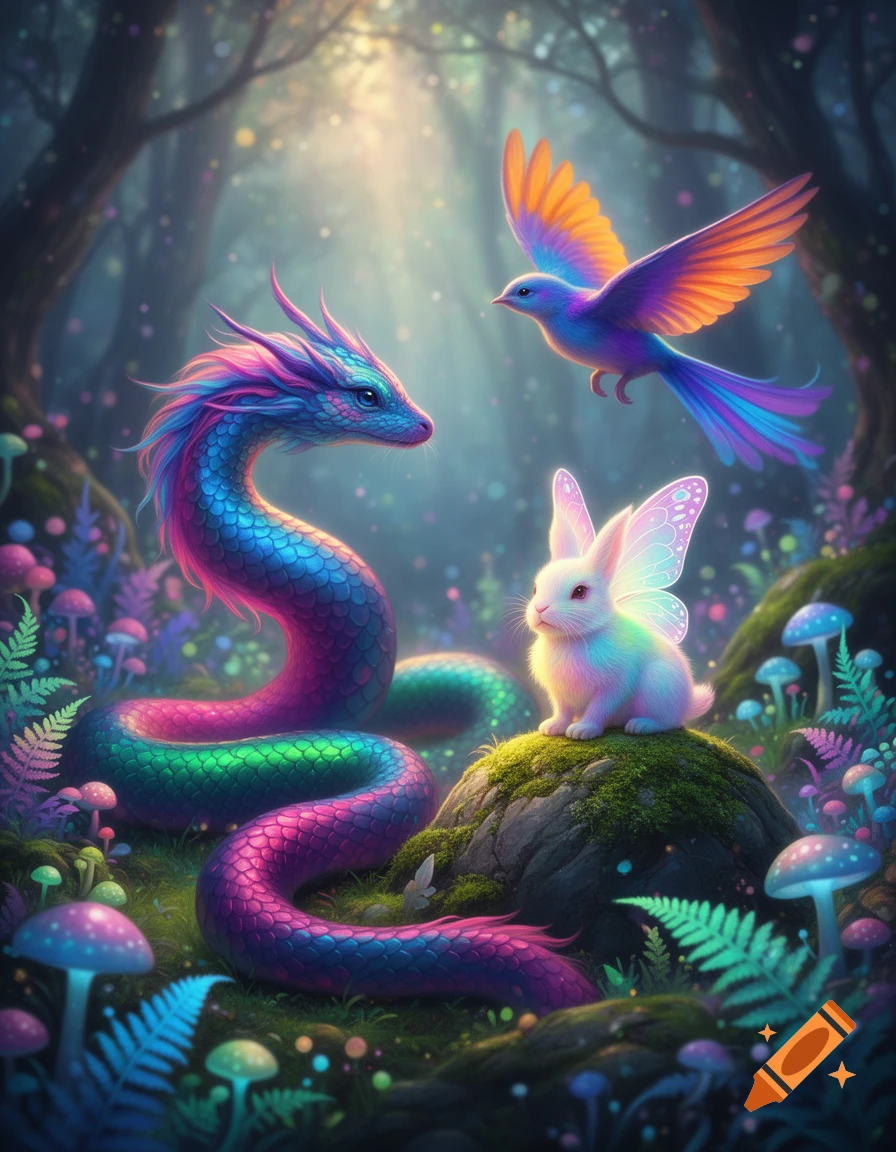 A vibrant fantasy forest scene with a colorful iridescent dragon, a white rabbit with glowing butterfly wings, and a bright bird.