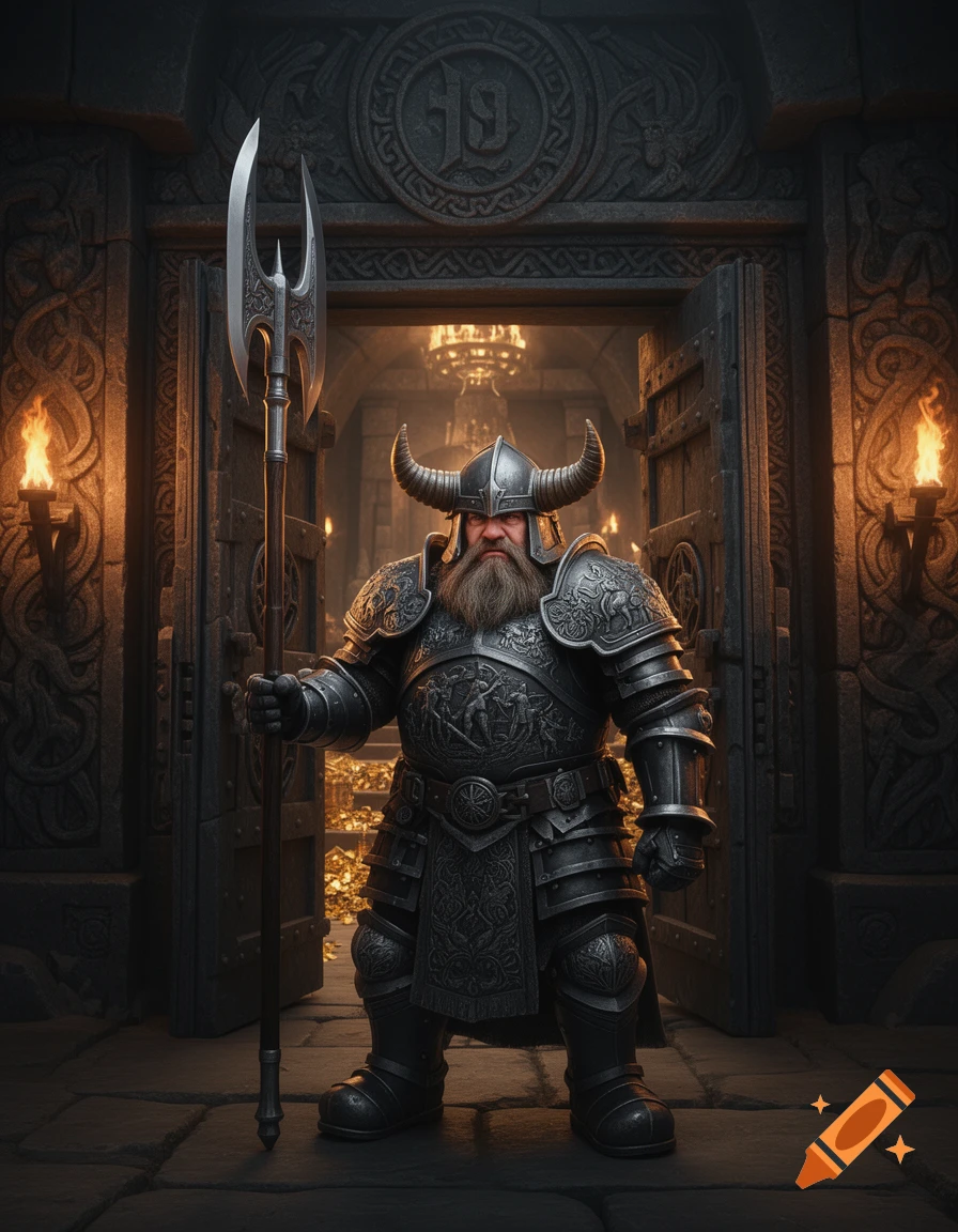 A formidable dwarf guard in ornate plate armor and a horned helmet stands at the entrance of a stone fortress, holding a large axe.