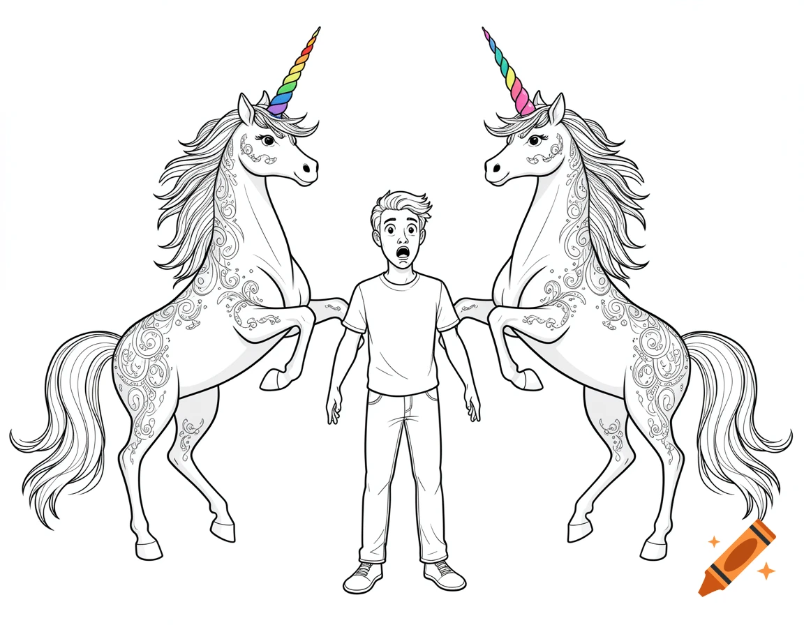 Coloring book illustration of a surprised man trapped between two rearing unicorns with rainbow horns.
