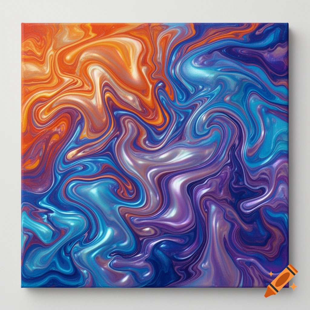Abstract fluid art with swirling patterns of vibrant orange, gold, blue, purple, and teal iridescent paint.