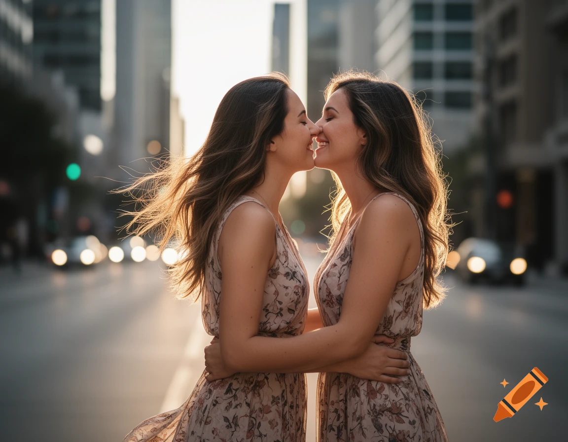 Two women in floral dresses share a kiss on a city street at sunset, with bokeh lights in the background.