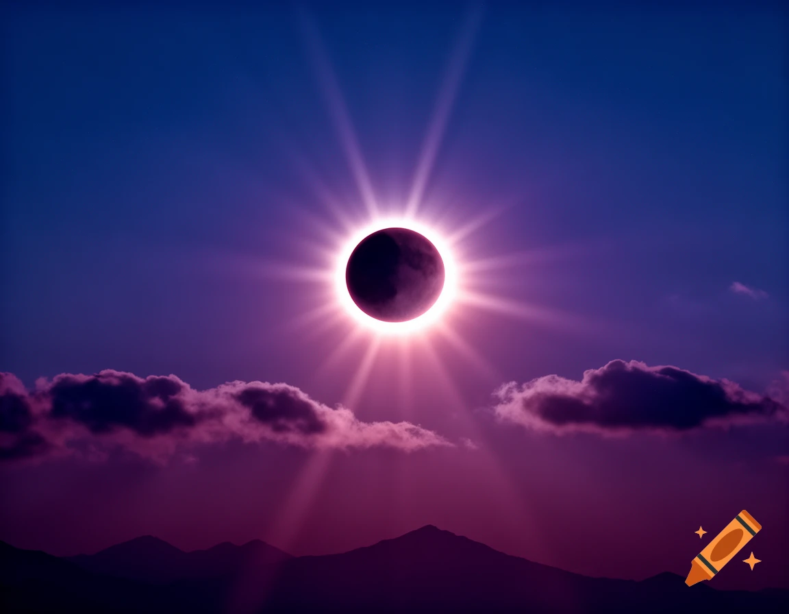 A vibrant solar eclipse with a bright corona over silhouetted mountains and purple clouds against a twilight sky.