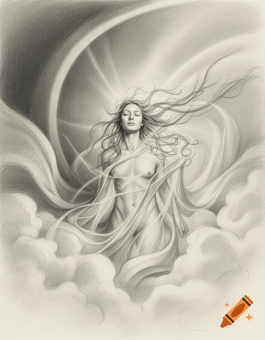 A detailed pencil drawing of a serene, bare-chested woman with flowing hair and fabric rising from clouds and light.