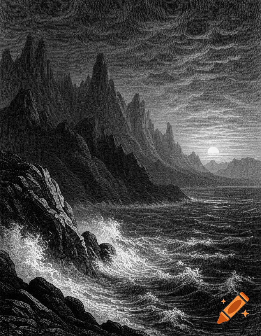 A dramatic black and white etching shows jagged mountains overlooking a stormy ocean with crashing waves under a cloudy sky and a distant moon.