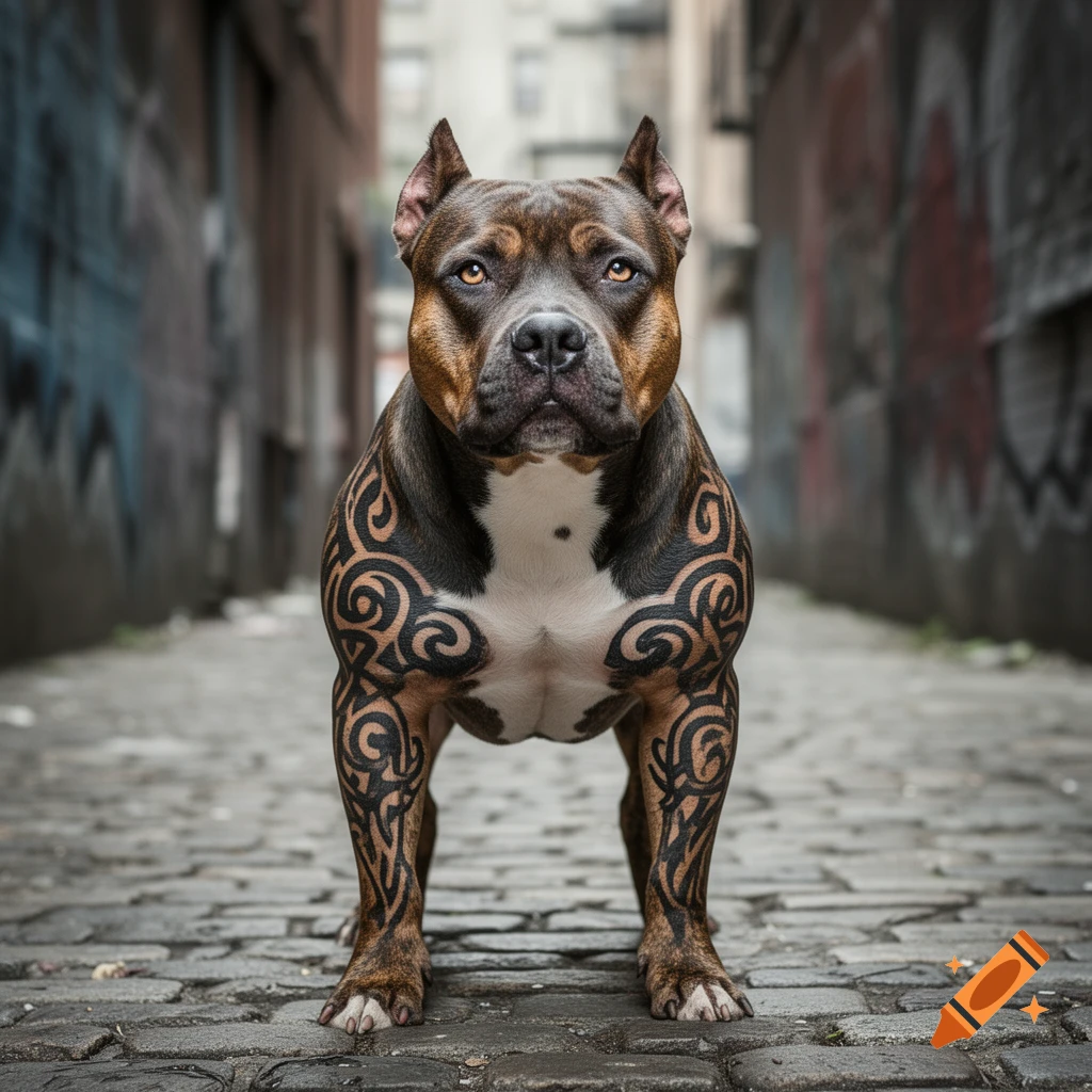 A powerful pitbull with intricate tribal tattoos stands in an urban alleyway.