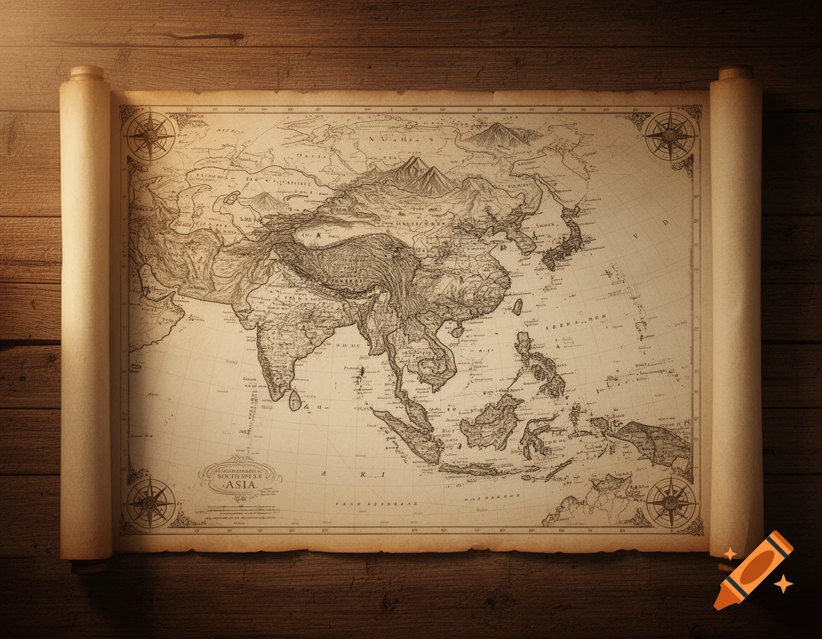 An antique map of Asia, featuring topographical details and old script, unrolled on a wooden table.