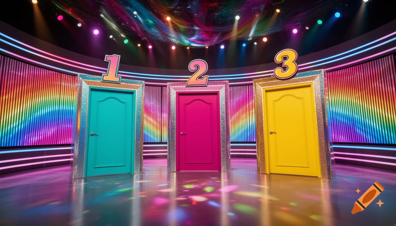 A vibrant game show set featuring three colorful doors (teal, pink, yellow) with glittering frames, numbered 1, 2, and 3, under stage lights.
