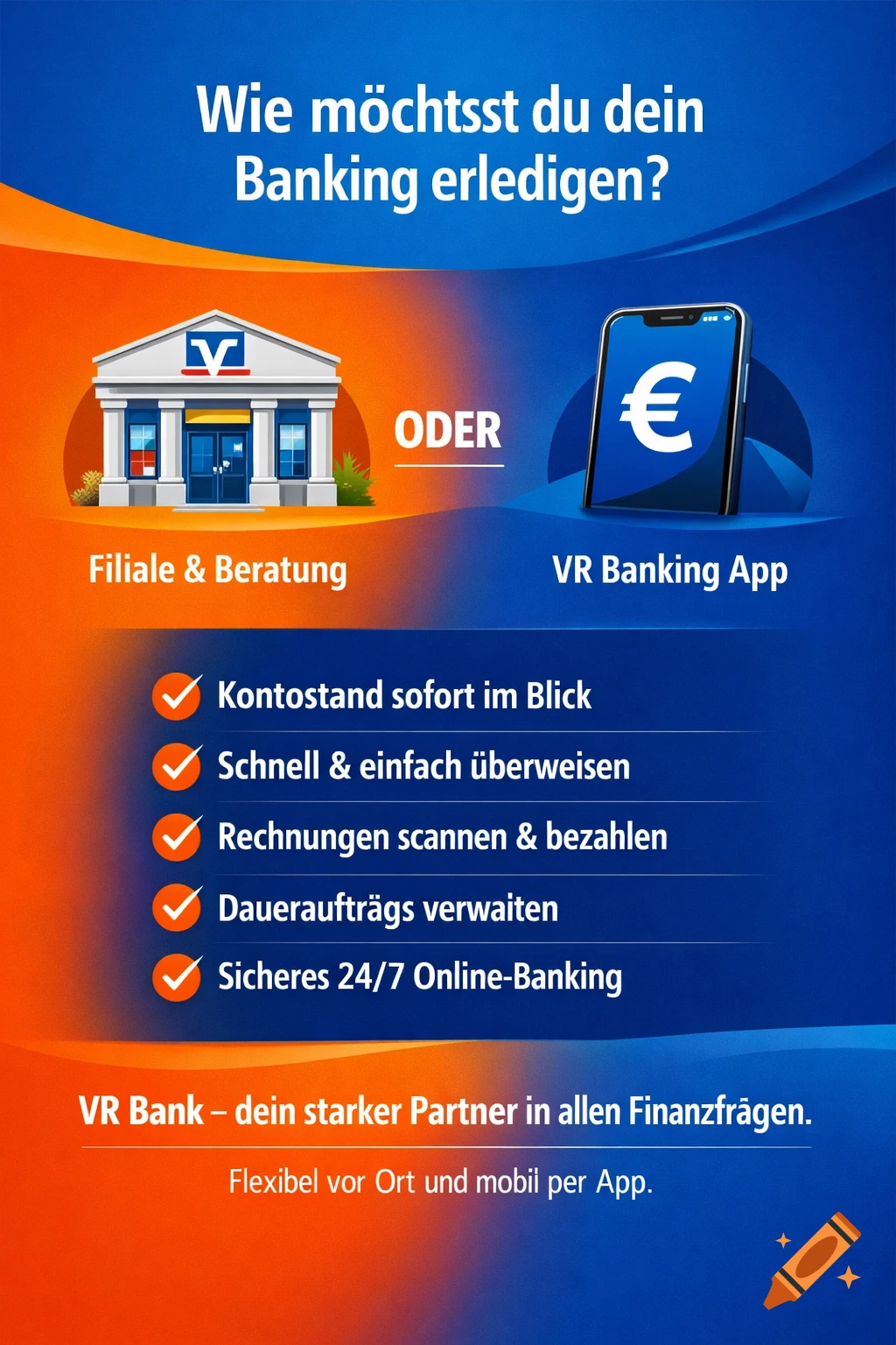 A banking advertisement showing a choice between a physical bank branch and a mobile banking app, with a list of app benefits in German.