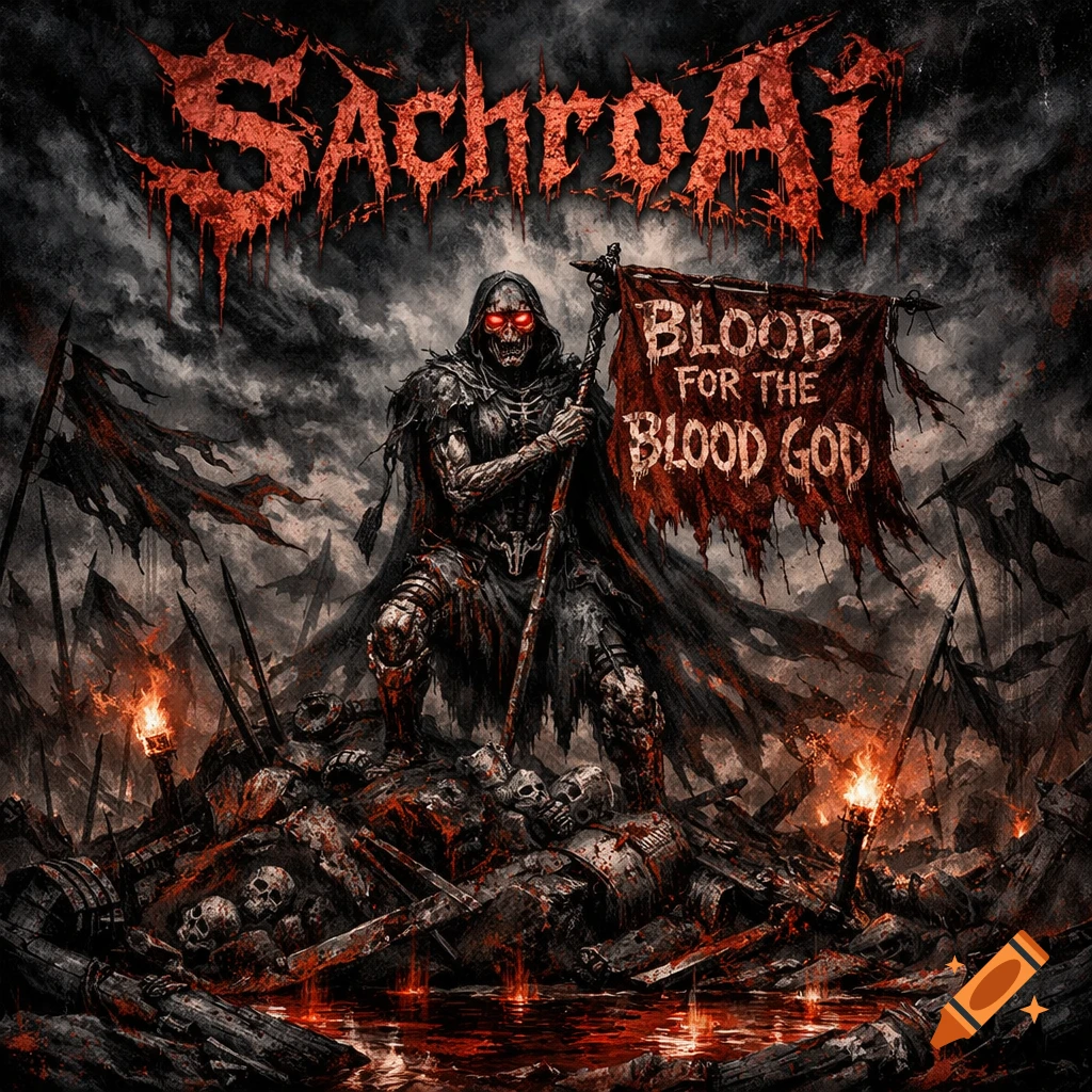 A skeletal warrior stands on a pile of skulls and debris, holding a tattered flag that reads "Blood for the Blood God".