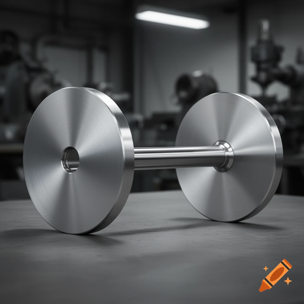 A photorealistic stainless steel industrial object on a dark surface with an out-of-focus workshop background.