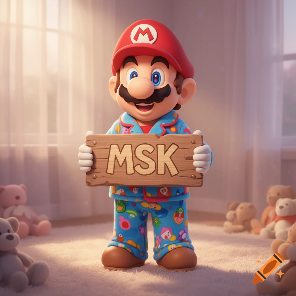 Mario in blue pajamas holding a wooden sign with "MSK" on it, surrounded by teddy bears in a softly lit room.