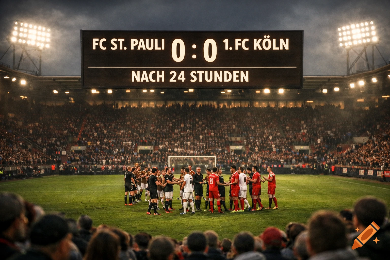 Soccer players on a field in a stadium with a scoreboard showing FC St. Pauli 0:0 1. FC K isln after 24 hours.