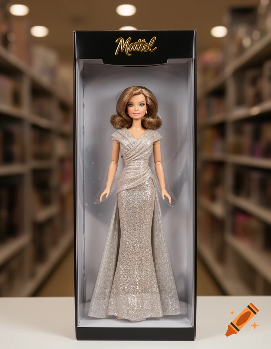 A Barbie doll in a shimmering silver gown stands inside its black product box with the Mattel logo, against a blurred retail background.