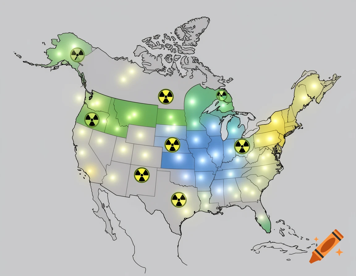 A stylized map of North America with countries outlined, featuring glowing lights and yellow and black nuclear hazard symbols across different regions.