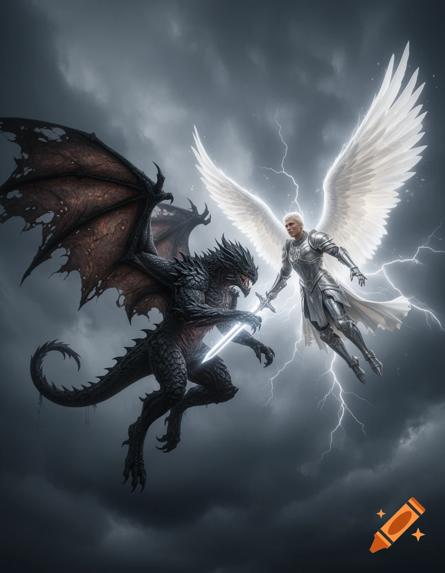 An armored angel with white wings and a dark demon with glowing swords battle in a stormy, lightning-filled sky.