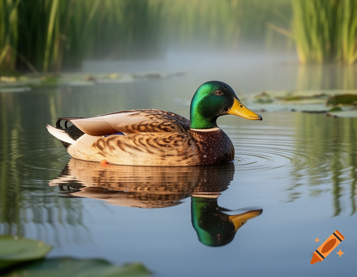 A photorealistic mallard duck with a vibrant green head swims peacefully in misty water, its reflection visible below.