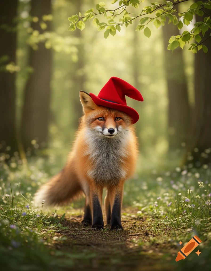 A photorealistic red fox wearing a red pointed hat stands on a forest ...