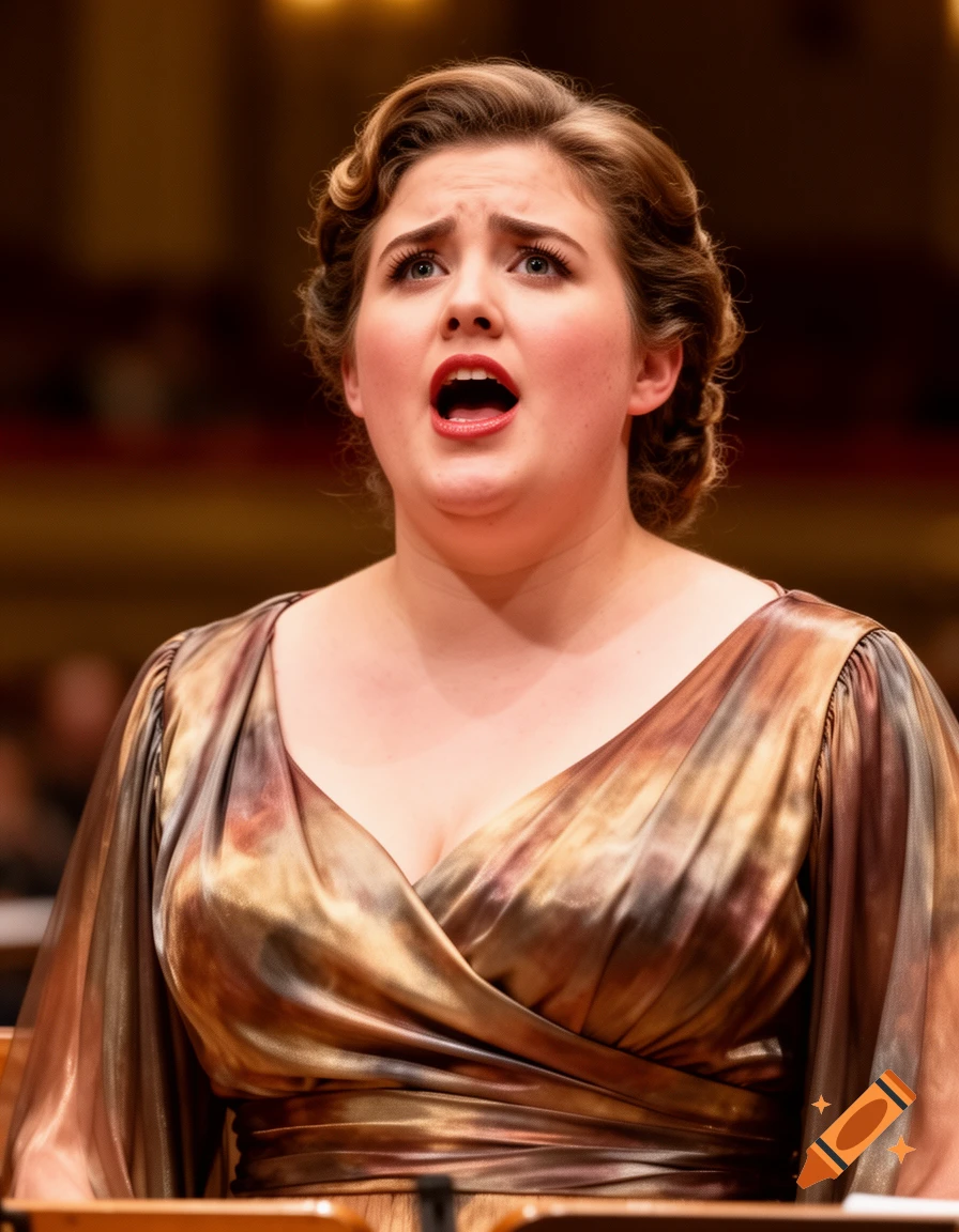 A young opera singer with a double chin sings with her mouth open, looking upwards, wearing a gold and brown patterned dress.