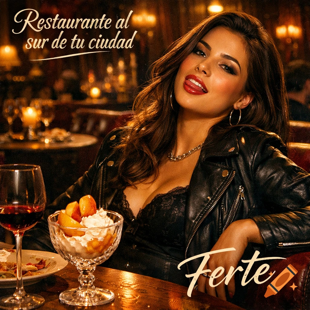 A sexy woman in a leather jacket poses suggestively at a dimly lit restaurant, with text "Restaurante al sur de tu ciudad" and "Ferte".