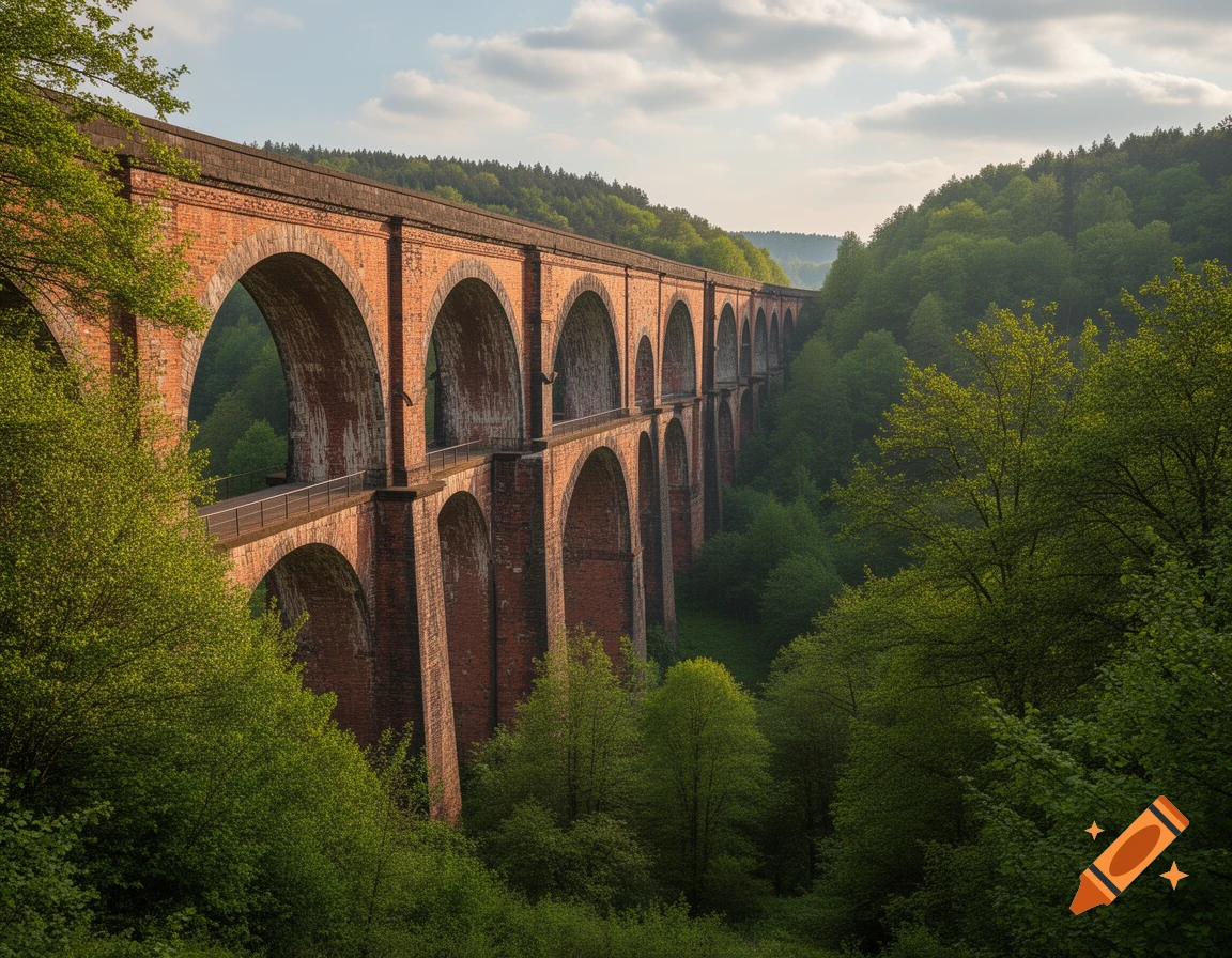A long, photorealistic brick viaduct with many arches spans a lush green, forested valley under a cloudy sky.