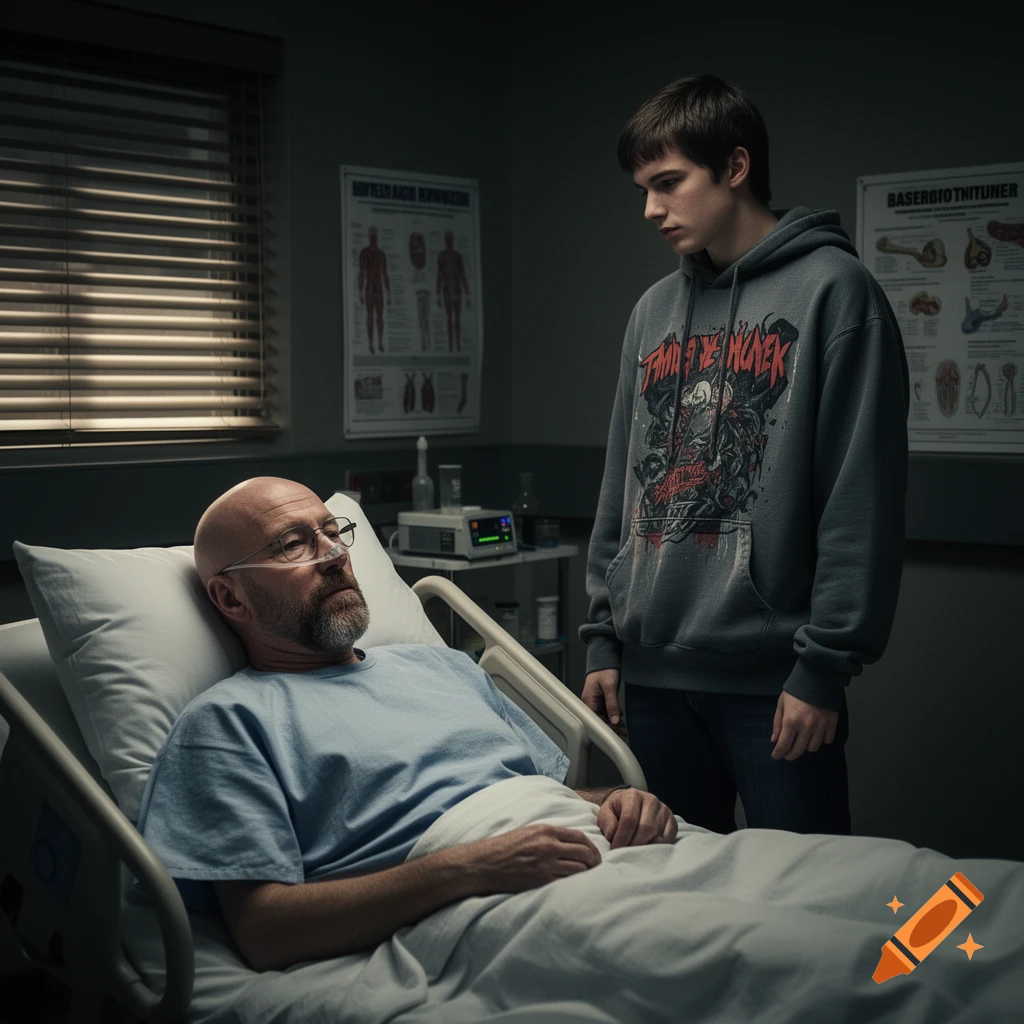 A bald man with an oxygen cannula rests in a hospital bed, looking up at a young man standing beside him in a dimly lit room.