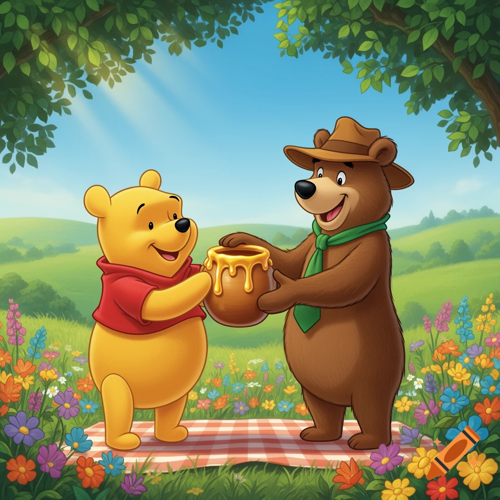 Winnie the Pooh offers a honey pot to Yogi Bear in a vibrant cartoon meadow filled with colorful flowers under a sunny sky.