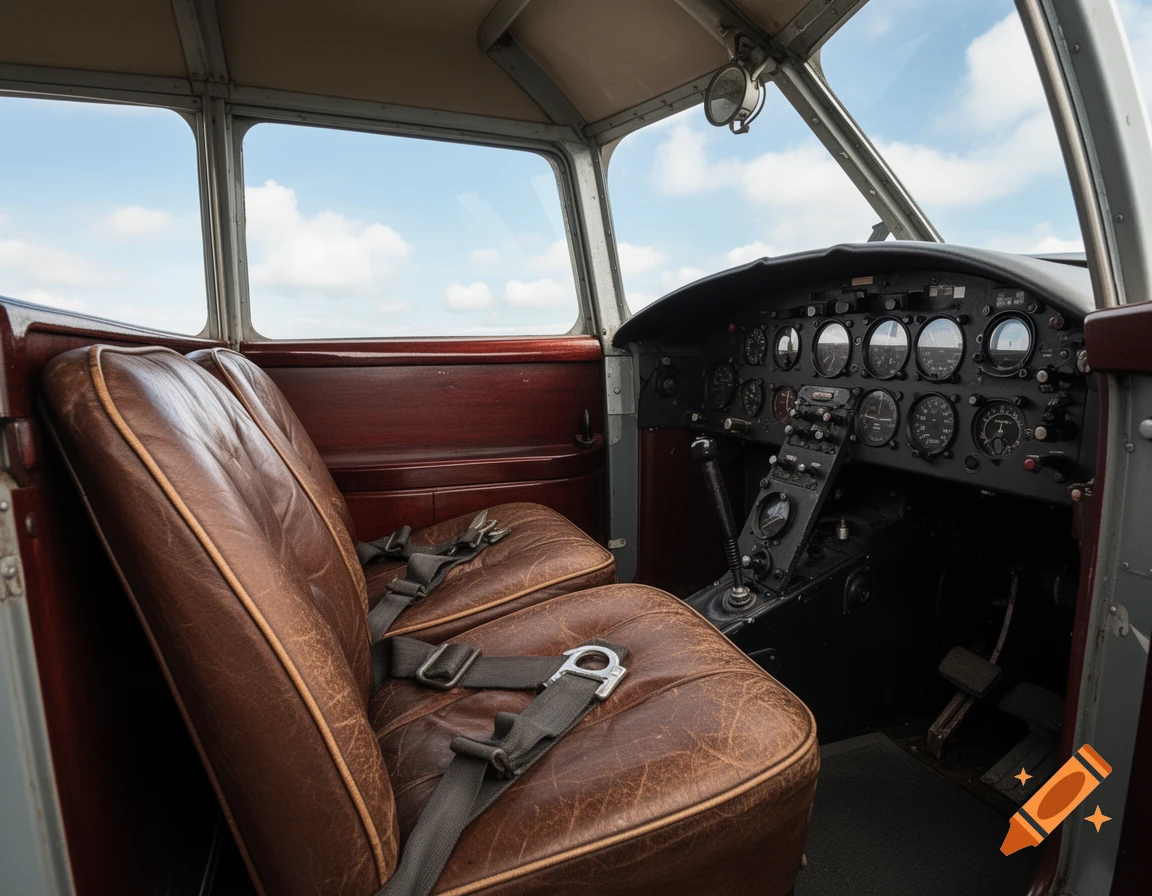 Interior view of a vintage De Havilland DH.88 Comet cockpit with brown leather seats and a detailed instrument panel under a blue sky.