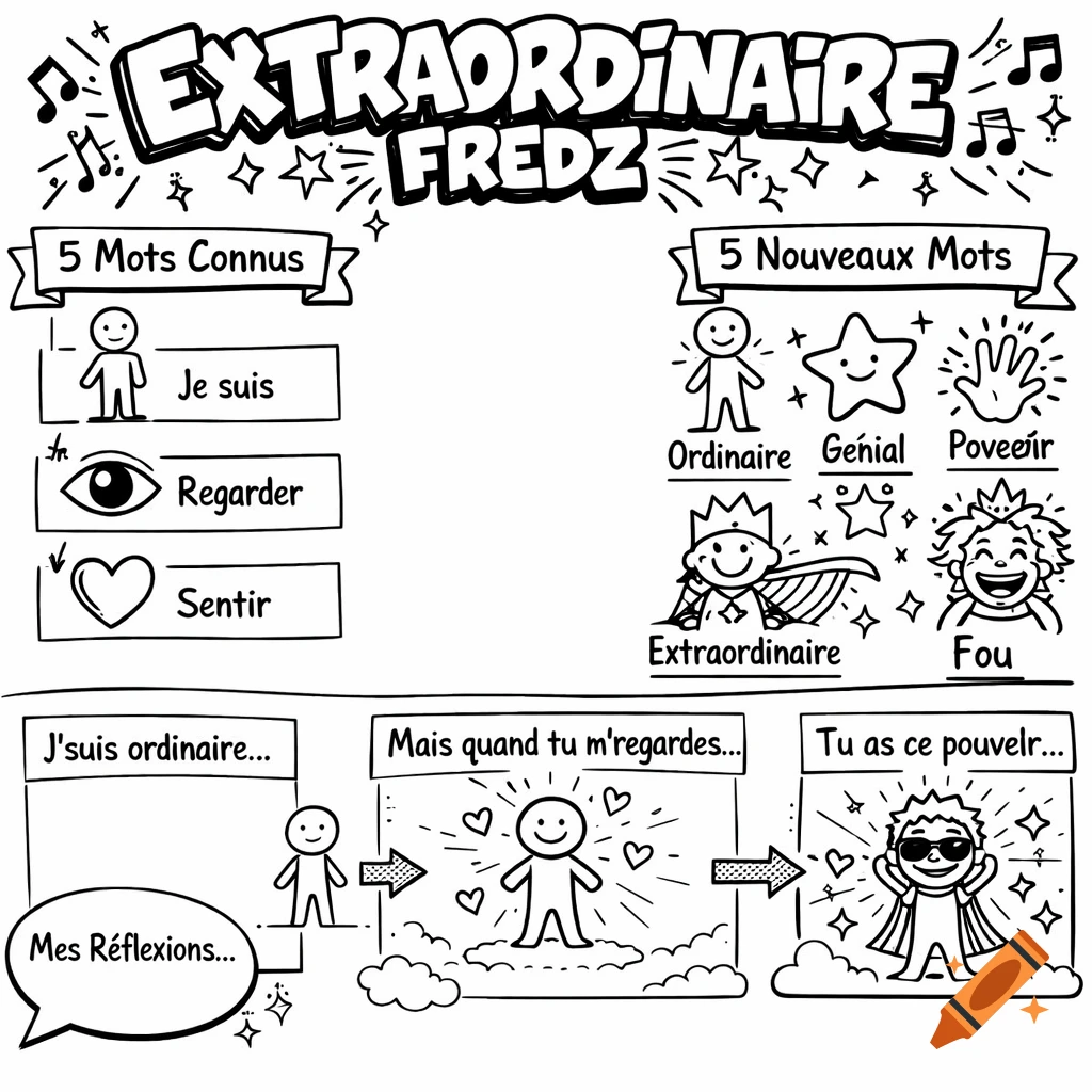 A black and white doodle-style school assignment template with French text and stick figures illustrating the song 'Extraordinaire' by Fredz.