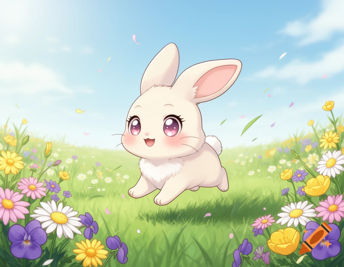 A cute chibi rabbit with big purple eyes hops through a vibrant meadow filled with colorful flowers under a blue sky, in an anime style.