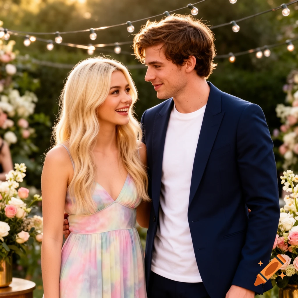 A man in a navy suit and a woman with long blonde hair in a colorful tie-dye dress smiling at each other at an outdoor evening event with string lights and flowers.