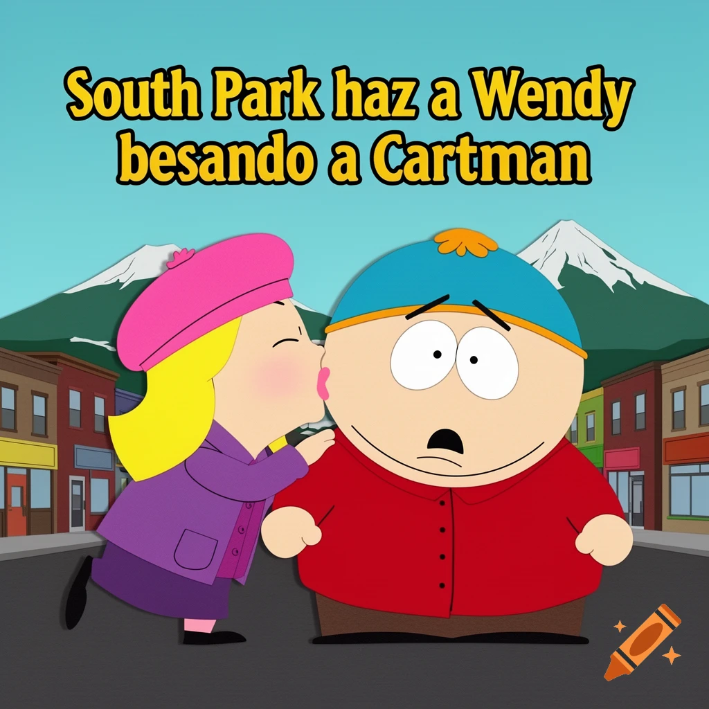 South Park cartoon of Wendy Testaburger kissing Cartman on the cheek in a town street.