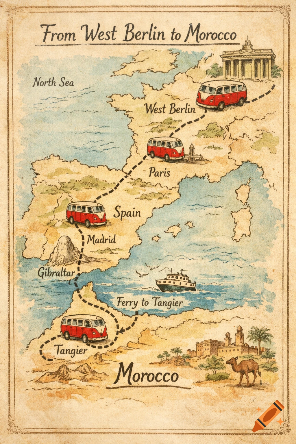 A vintage hand-drawn map illustrating a journey from West Berlin to Morocco, marked with a dotted line and a red VW Kombi van stopping at cities like Paris, Madrid, and Tangier.